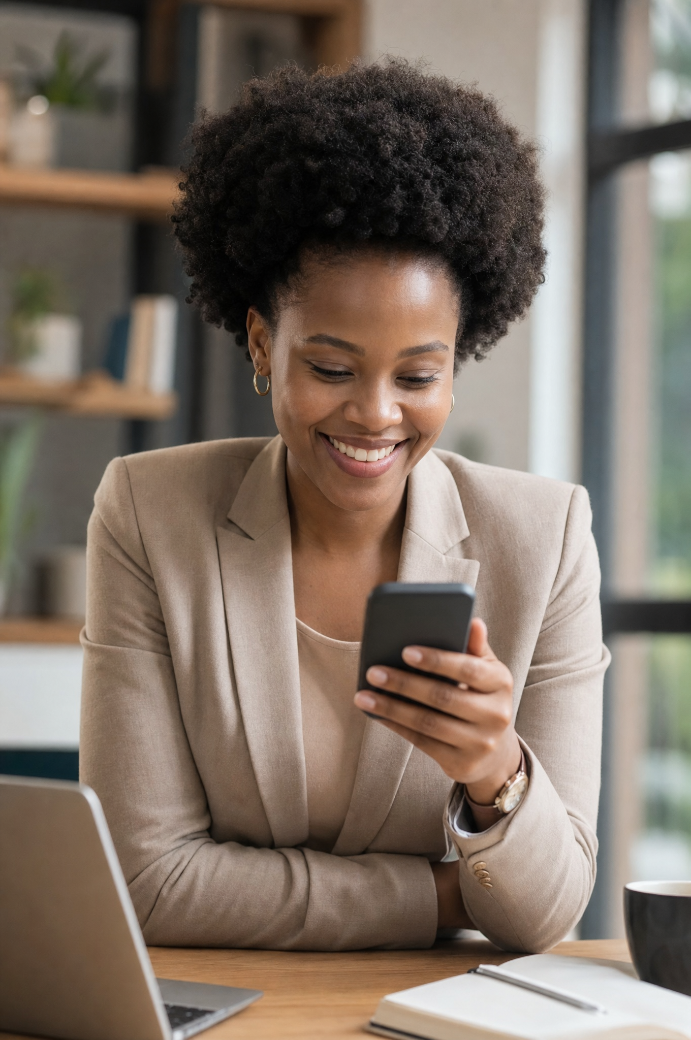 Business owner smiling at her phone seeing new client leads coming in