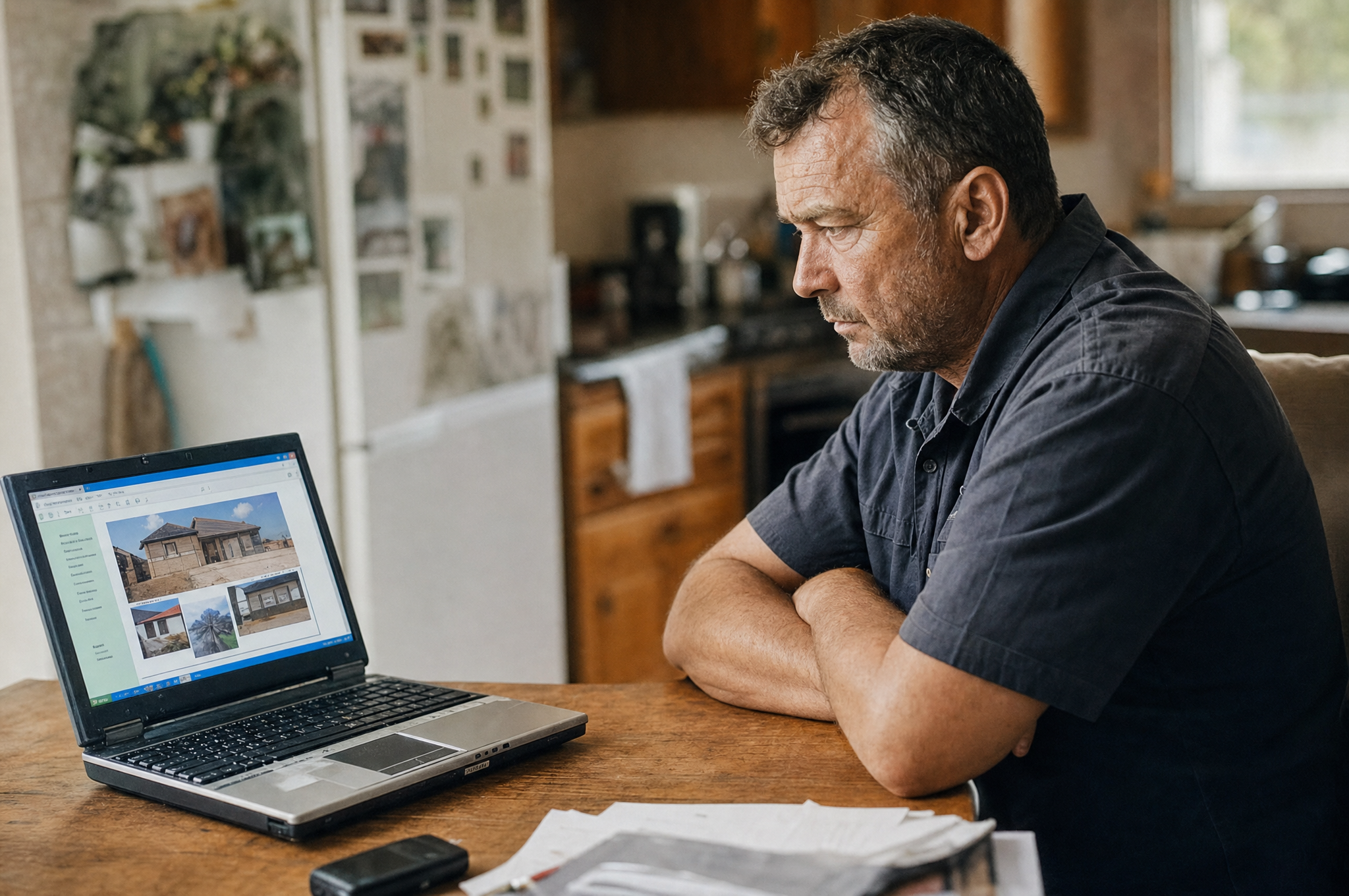 Business owner frustrated staring at an outdated website that isn't getting leads